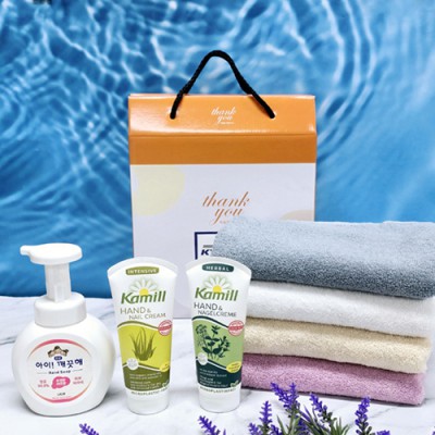독일 카밀 핸드크림 로션 + 송월 타올 수건 + 아이깨끗해, 세면타월 호텔타올 송월 타월 화장품 + 사은품 // 답례품 행사 기념 선물 판촉 기프트세트 선물세트