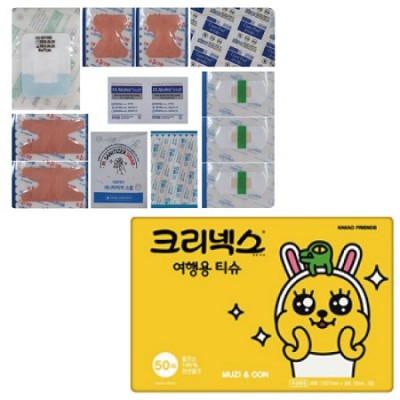 카카오프렌즈 크리넥스 미용티슈 휴대용 구급밴드세트고급형 여행용 2종세트( opp 비닐포장)