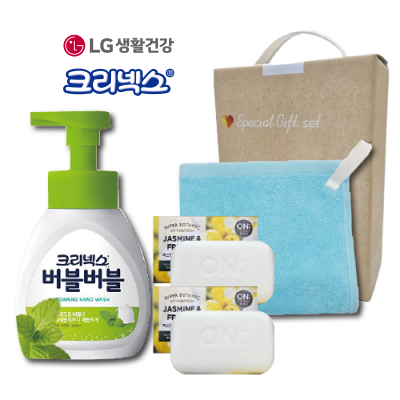 스위트홈세트7호 (크리넥스버블거품핸드워시+LG온더바디비누2개+국산핸드타올)4종(손잡이고급케이스)