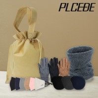 플씨드 겨울 5종 복주머니 파우치 B세트 (스웨이드 터치 장갑+벨보아 넥워머+왕 귀마개+프리미엄 방한 마스크)