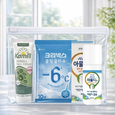 카밀핸드크림+크리넥스 쿨링물티슈+아물디 모기약 3종세트(브생건 지퍼백)