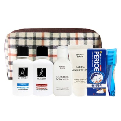 다올 체크파우치 여행용 8종세트 9호/샴푸,린스,바디워시,치약,칫솔,면도기,비누,비누각