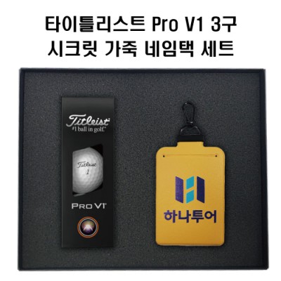 타이틀리스트 Pro V1골프공+정보보호 시크릿 가죽 골프 네임택(풀갈라 인쇄)