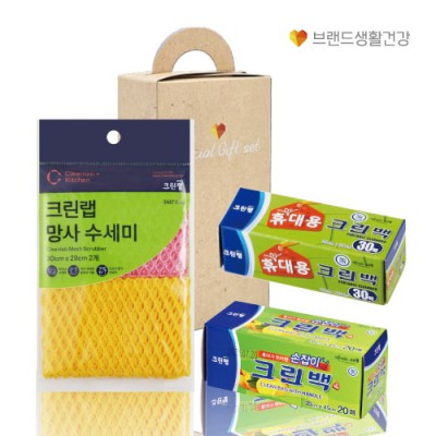 크린랩 브생건328호(휴대용30매 크린백+손잡이20매 위생백+망사수세미2매)