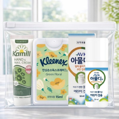 카밀핸드크림+크리넥스 안심소독스프레이+아물디 모기약 3종세트(브생건 지퍼백)