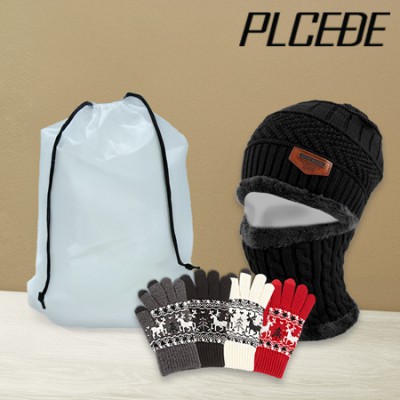 플씨드 겨울 3종 EVA파우치 B세트 (기모 니트 비니, 넥워머 세트+스마트 터치 사슴장갑)