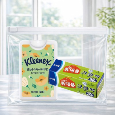 크리넥스 안심소독스프레이+크린랩 휴대용30매 크린백 2종세트(브생건 지퍼백)