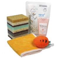 양면 떡수세미3개+아름다운 주방세제+캐릭터 주방타올+핸드에센스