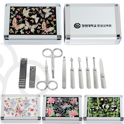 하모니 천연자개 알루미늄 스텐 10P 정사각 미용세트 -백나비, 흑나비, 분홍넝쿨꽃, 팬더-