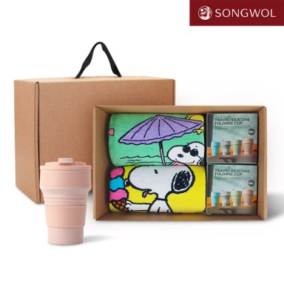송월타올 리빙 기프트세트 28 (스누피50 비치타올 2P + 실리콘텀블러500ml 2P)