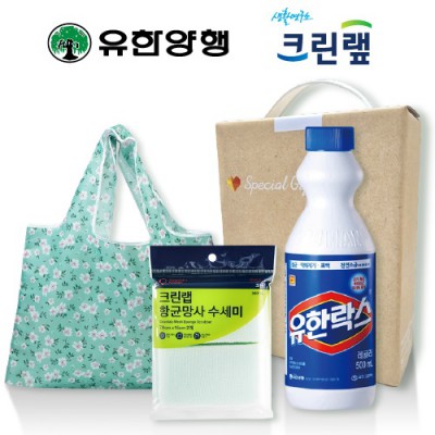 친환경스위트홈세트78호(유한양행유한락스+특대형접이식시장가방+크린랩항균망사수세미)
