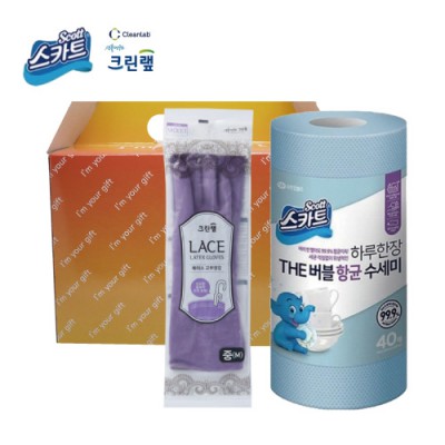 주방실속 세트 2종 A (크리넥스 스카트 향균 버블 수세미40매+크린랩 크린랲 컬러 고무장갑 중형)