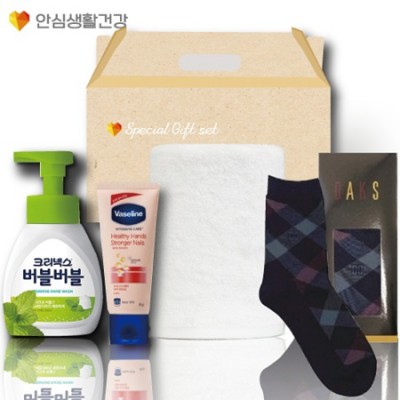 돌봄케어131호(닥스양말+국산타올170g+크리넥스 버블버블 핸드워시+바세린 핸드크림)