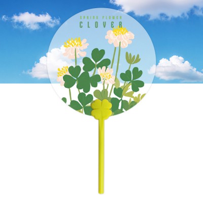 고투명 원형 네잎클로버 막대팬시 (연두) 부채