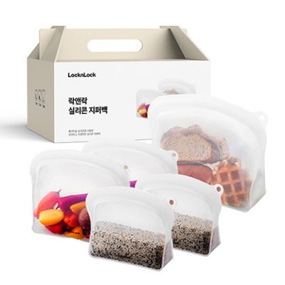 락앤락 실리콘 지퍼백 5종세트(600ml 2개+1.2L 2개+2L 1개)