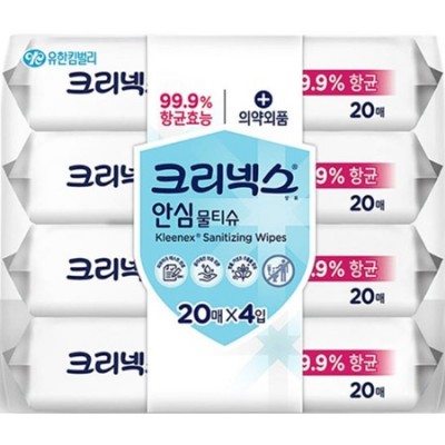 크리넥스 99.9% 항균 휴대용안심물티슈 20매x4입세트