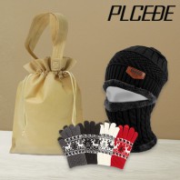 플씨드 겨울 3종 복주머니 파우치 B세트 (기모 니트 비니, 넥워머 세트+스마트 터치 사슴장갑)