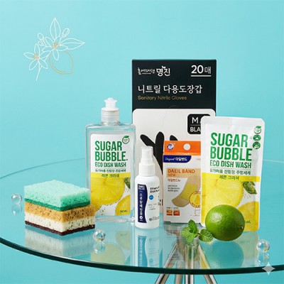 슈가버블 주방세제+리필 니트릴장갑 떡수세미 대일밴드 소독용에탄올 주방6종세트