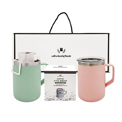웰세스 이중 스텐 머그컵 [W5502] 2P + 드립백 커피 1종 1P 세트