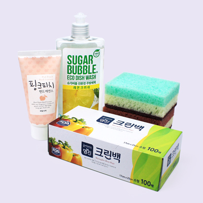 슈가버블 주방세제 + 과일나라 핸드에센스 + 크린백100매 + 떡수세미 2개